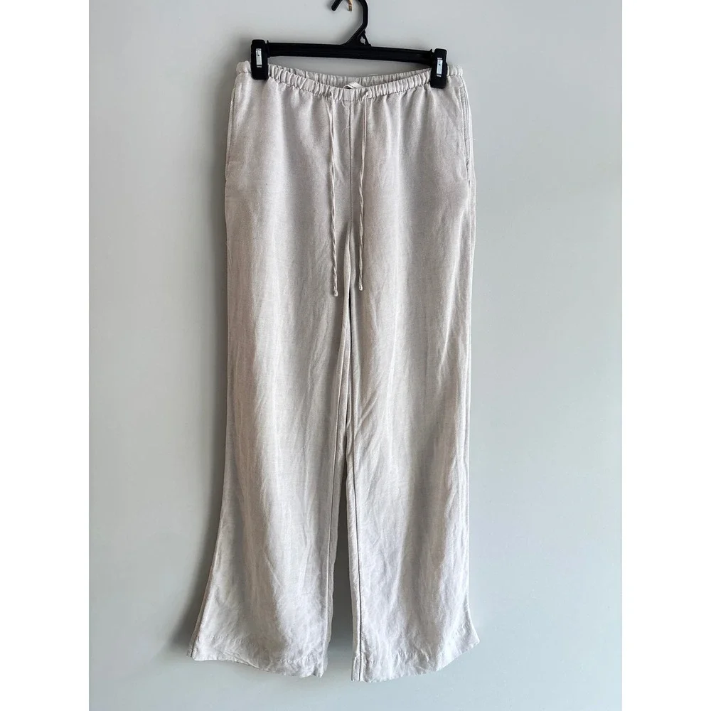 H&M Linen Wide Leg Pants Women XS Beige Drawstring Coastal Beach Minimalist Boho